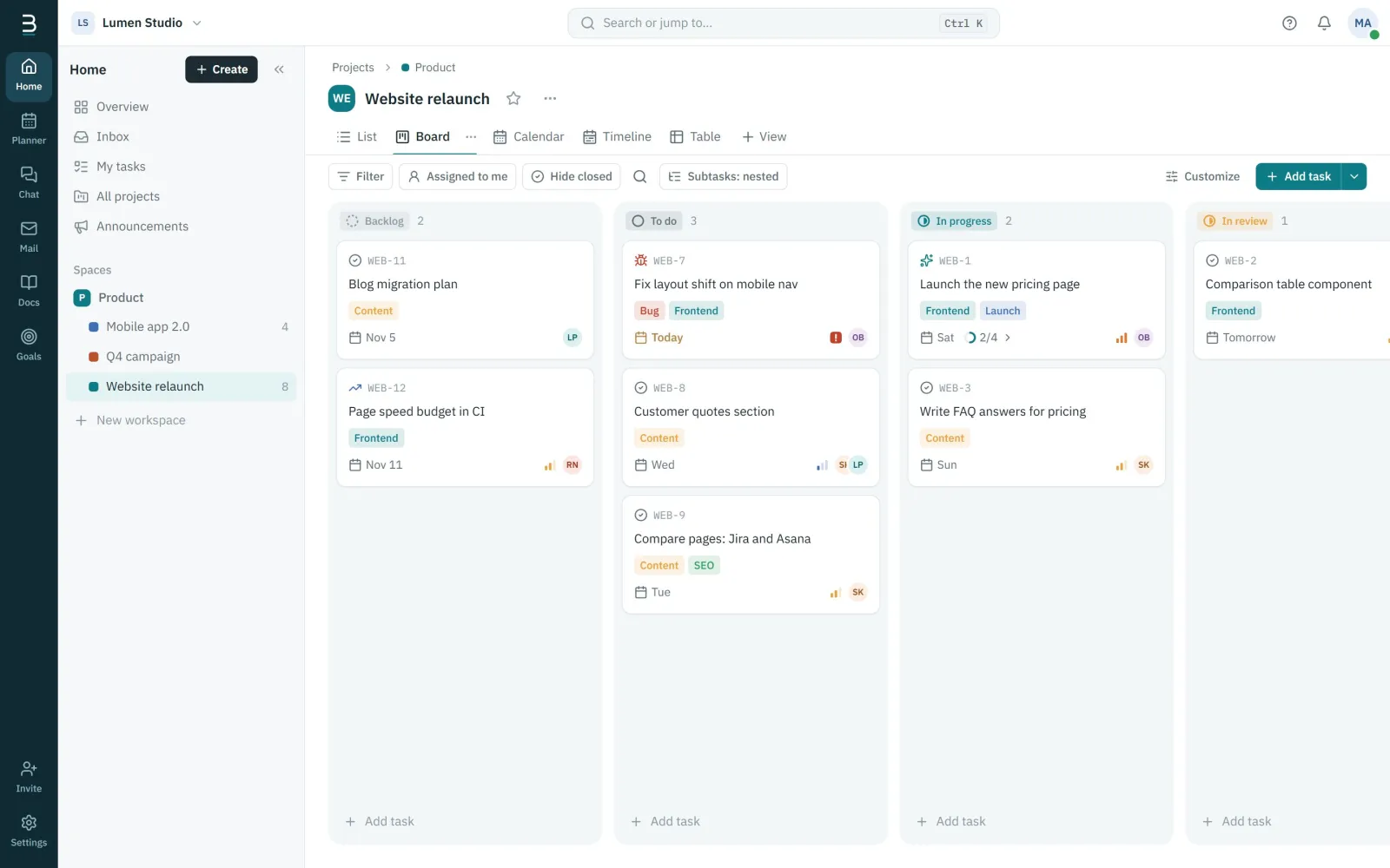 Board view with columns from backlog to review