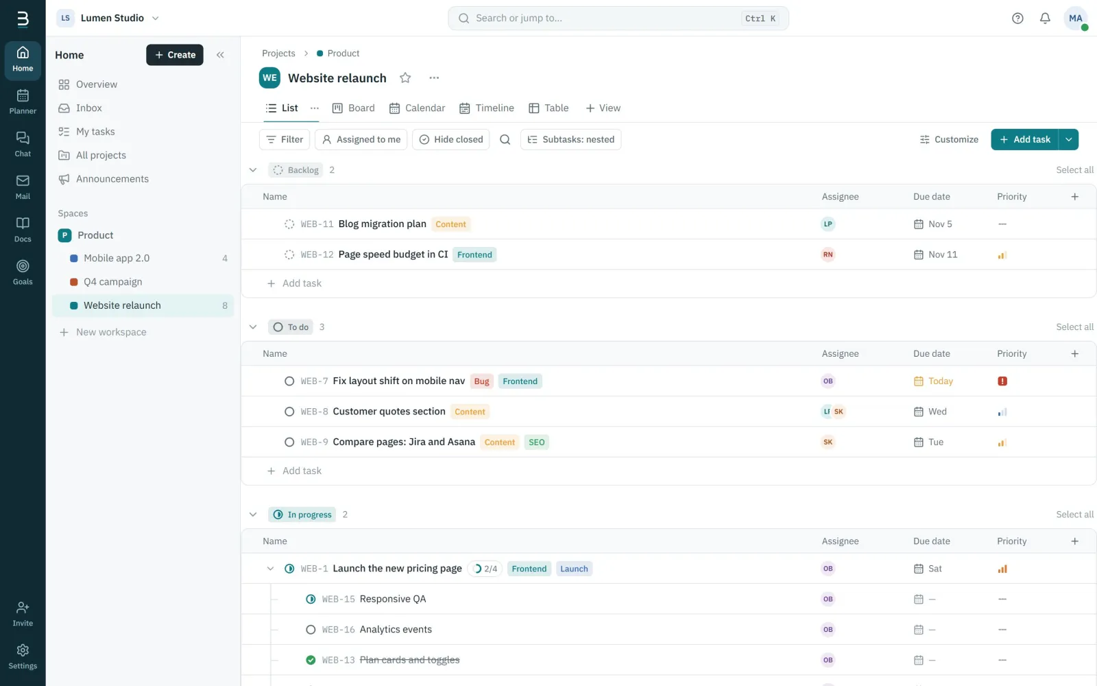 List view of requests with statuses and owners