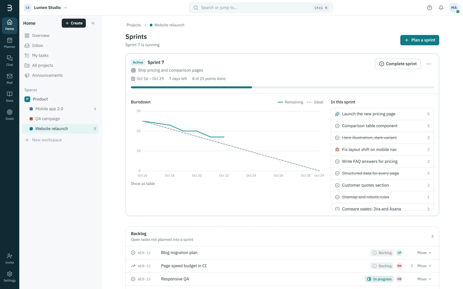 Sprint 7 in Berg with burndown chart, progress and the tasks in the sprint